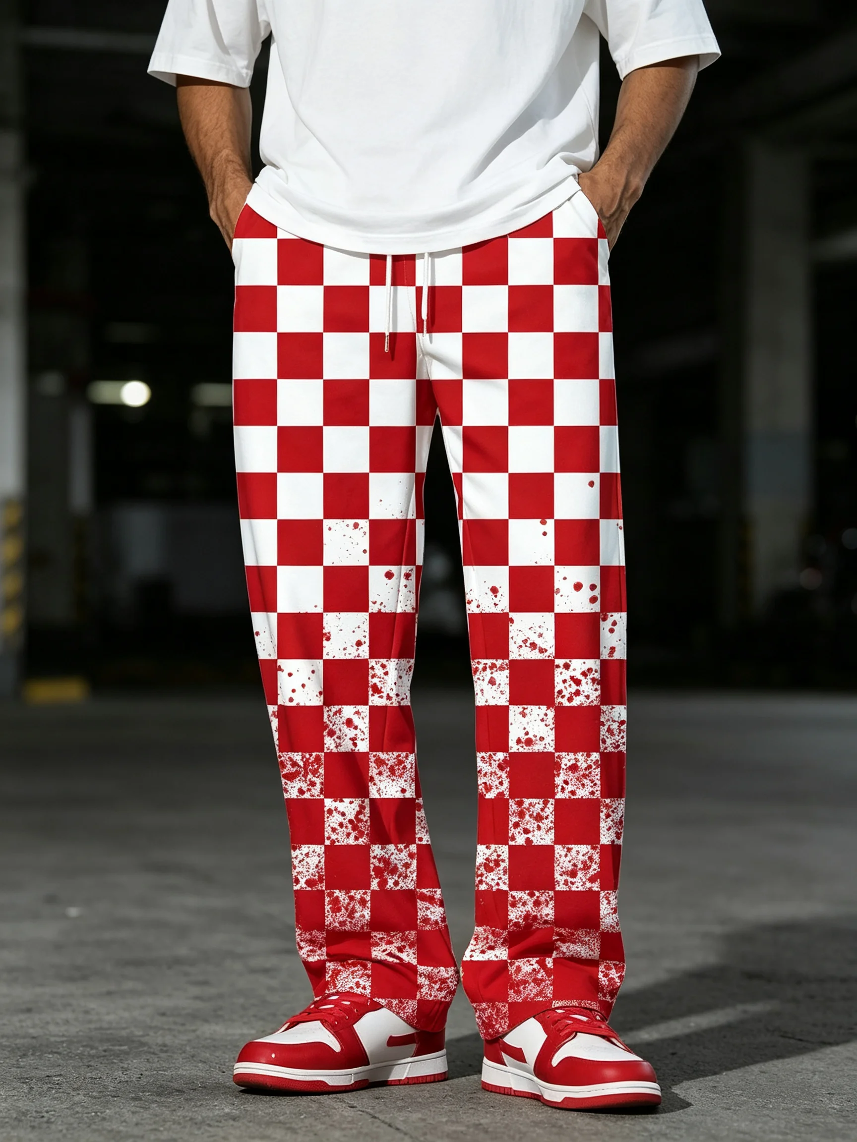 Blood Plaid Frenzy. Casual Style Printed Wide-leg Straight-leg Long Pants, Home Wear Long Pants Pajamas.