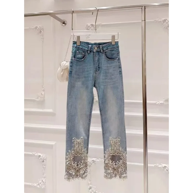 Spring New Heavy Industry Diamond-encrusted Sequined Hollow Jeans Women's High Waist Thin Ripped Pipe Pants Nine-point Pants