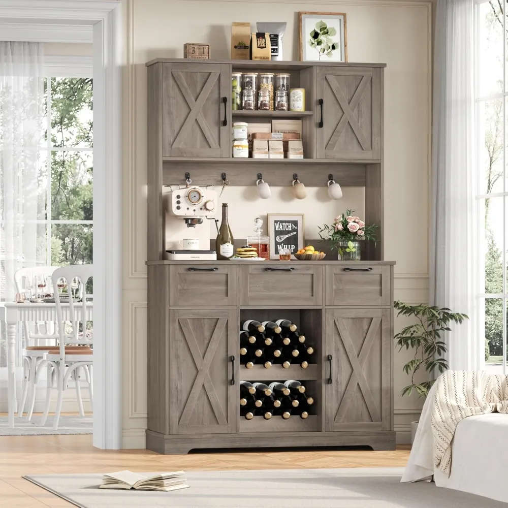 Farmhouse Style Kitchen Pantry Hutch with Storage, Coffee Bar, Wine Rack, and Microwave Stand, Tall Storage Cabinet