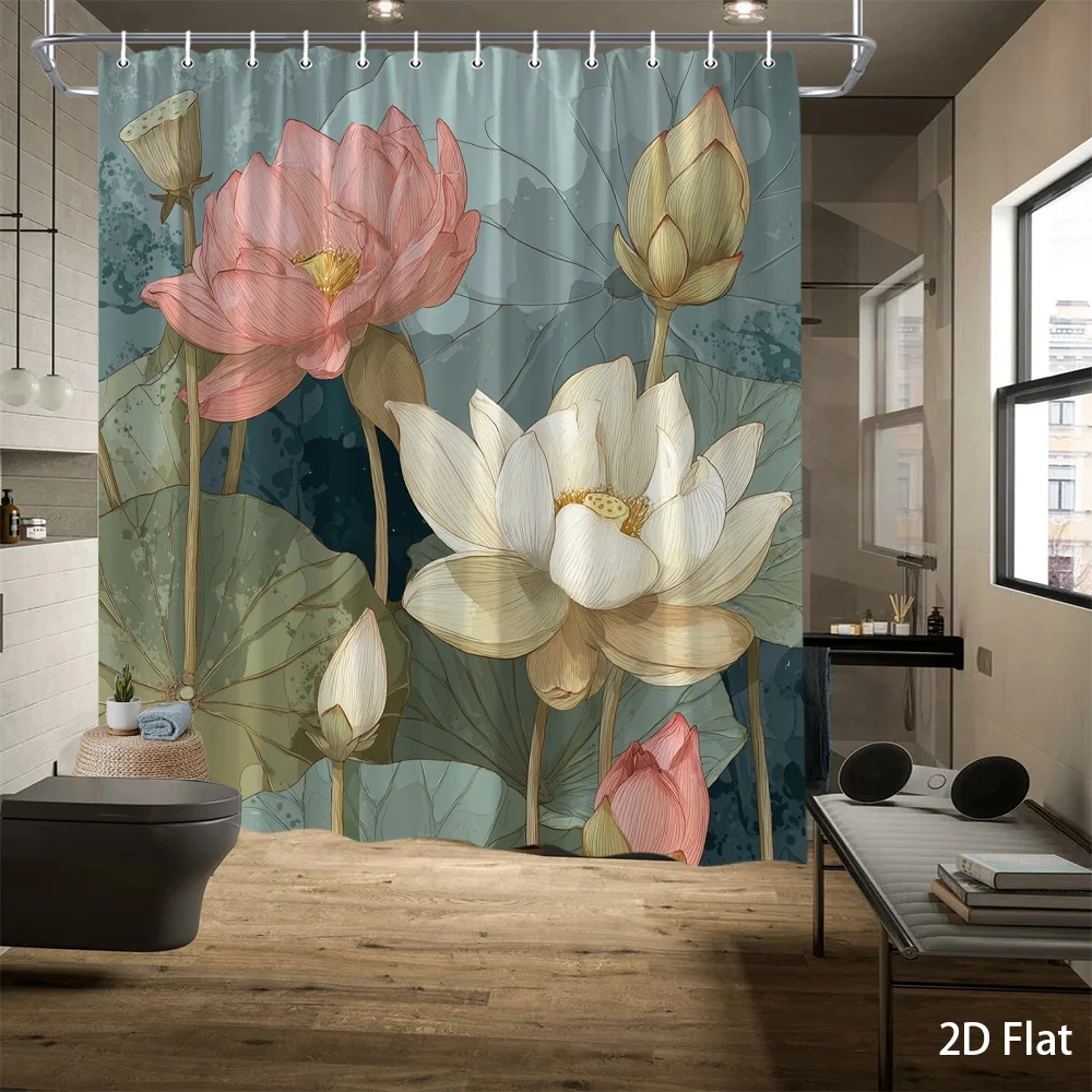 Large Tropical Lotus Floral Pattern Shower Curtain Waterproof Botanical Art for Bathroom Decor Home Style Polyester