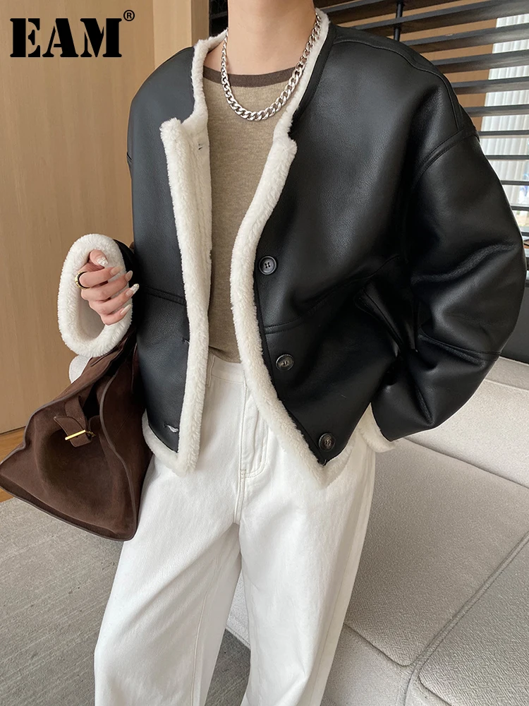 [EAM] Black Pu Leather Thick Both Side Wear Big Size Jacket New Lapel Long Sleeve Women Coat Fashion Autumn Winter 2025 1DH7735