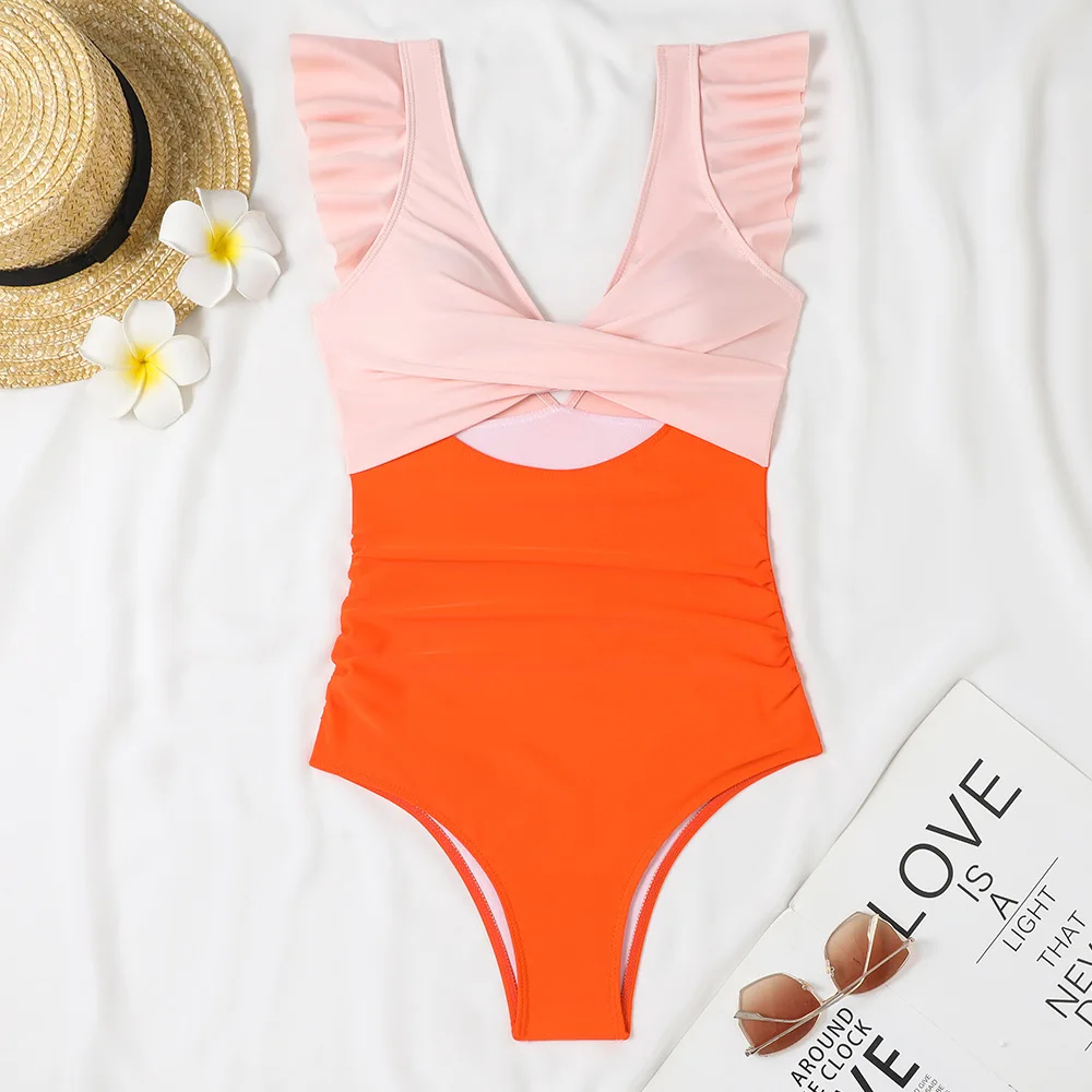 2024 New Sexy Ruffle One Piece Swimsuit Women Swimwear Female Cut Out Bathing Suit Summer Tummy Control Beach Wear Monokini