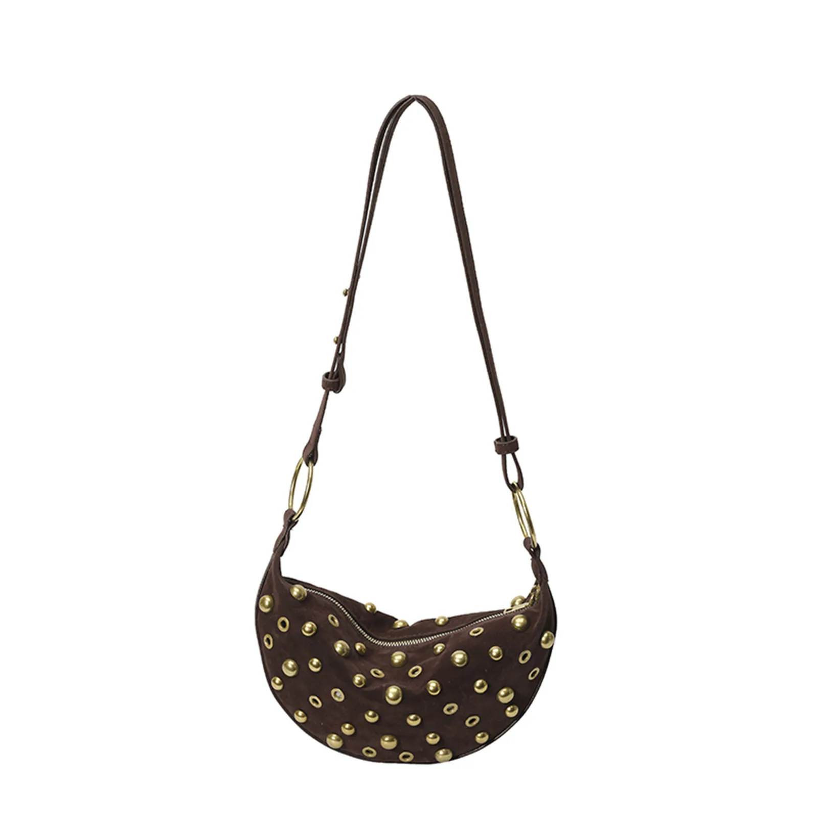 

Women Faux Suede Rivet Studded Shoulder Bag with Zipper Shoulder Crossbody Bag Dumpling Crossbody Bag for School Work Daily Use