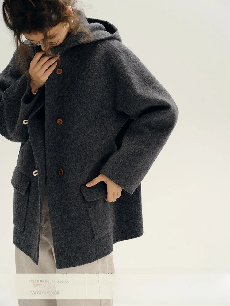 

Простое двустороннее шерстяное пальто с капюшоном для женщин, персиковое зимнее новое трикотажное пальто, удобное свободное повседневное пальто для поездок на работу