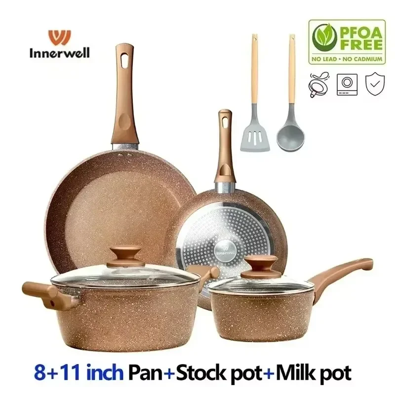 

Home Kitchen 8/11inch Frying Pan Stewpot Milk Pot Sets with Lid Nonstick Non-toxic Stone Coated Skillet Cookware Cooking Pots