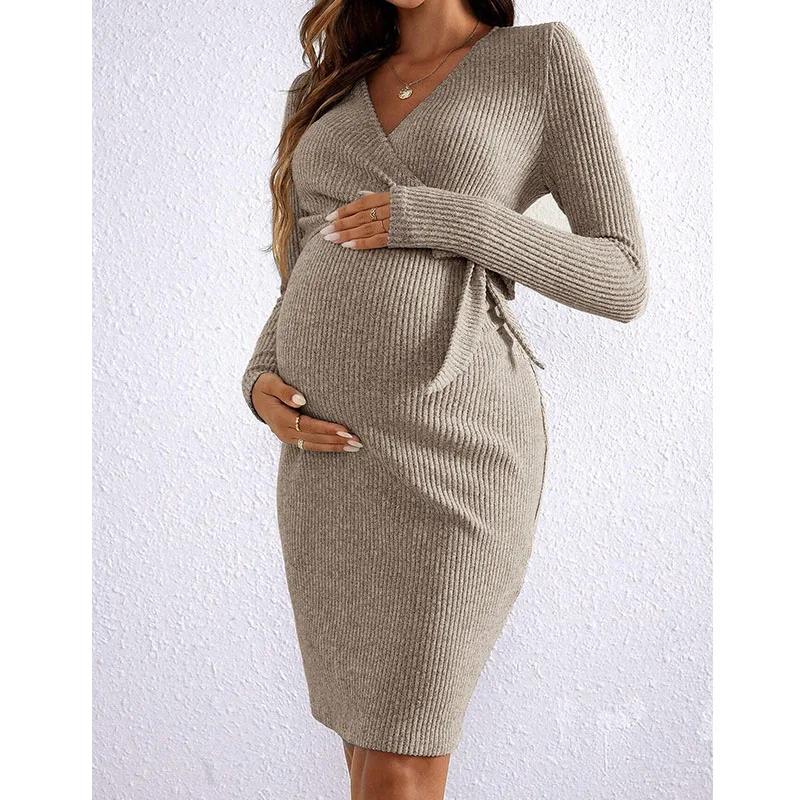 

Осеннее элегантное платье для беременных, повседневное корейское платье с длинным рукавом для беременных, однотонное платье для фотосессии, платья для беременных