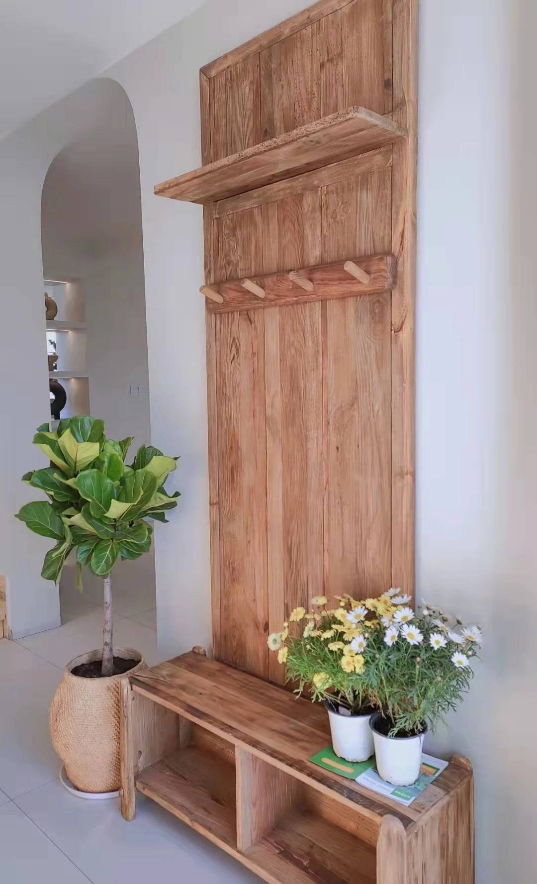 خزانة أحذية بتصميم طبقة مزدوجة، مدخل منزلي، مقعد رف أحذية خشبي #5