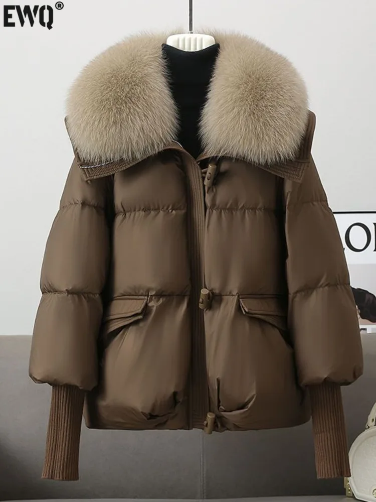 [EWQ] Detachable Faux Fox Fur Collar Cotton-padded Coat Women Winter Keep Warm Thick Brown Parkas Outerwears 2024 New 16O3328