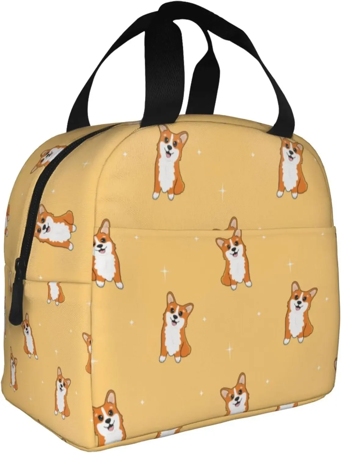 Cute Cartoon Corgi Lunch Bag for Women Men, Reusable Dog Corgi Insulated Lunch Box Container with Frond Pocket for Work