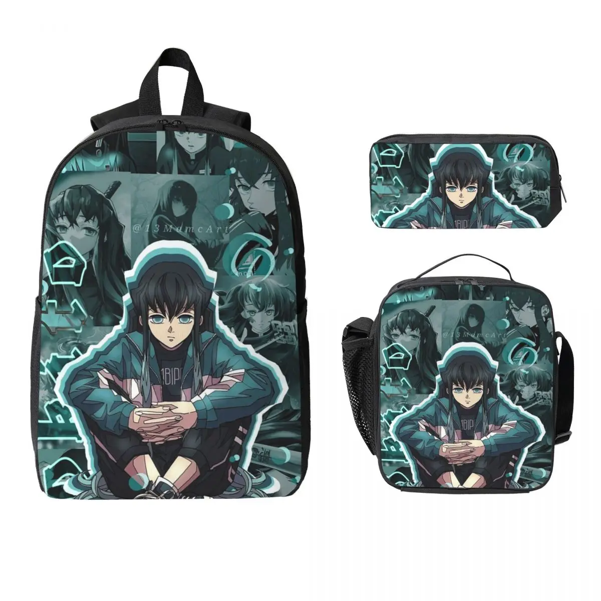 Muichiro Tokito Backpack Student Boys Girls BookBag School Bag Laptop Shoulder Bags 3ps Insulated Lunch Bag Pencil Case