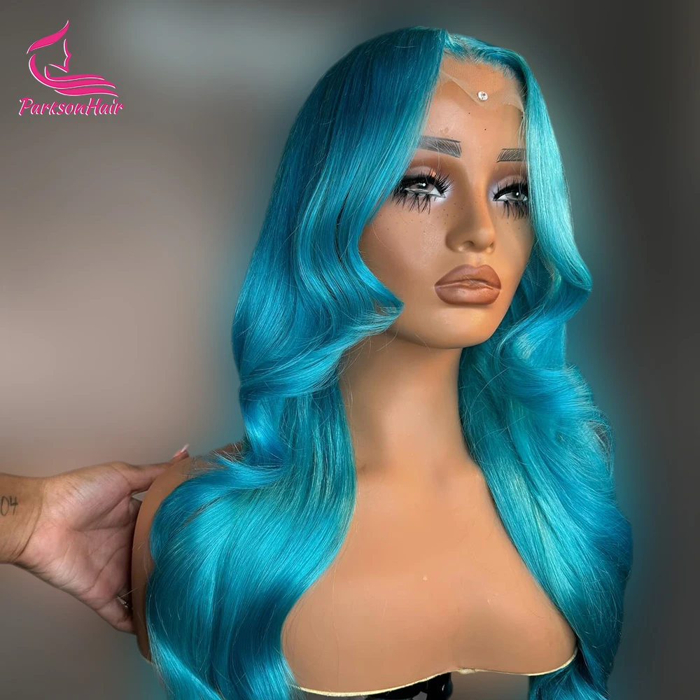 Peruki z ludzkich włosów Body Wave w kolorze niebieskim, peruka typu lace front 13x4 z transparentną koronką, wstępnie wyregulowana linia włosów, brazylijskie peruki z ludzkich włosów w kolorze dla kobiet.