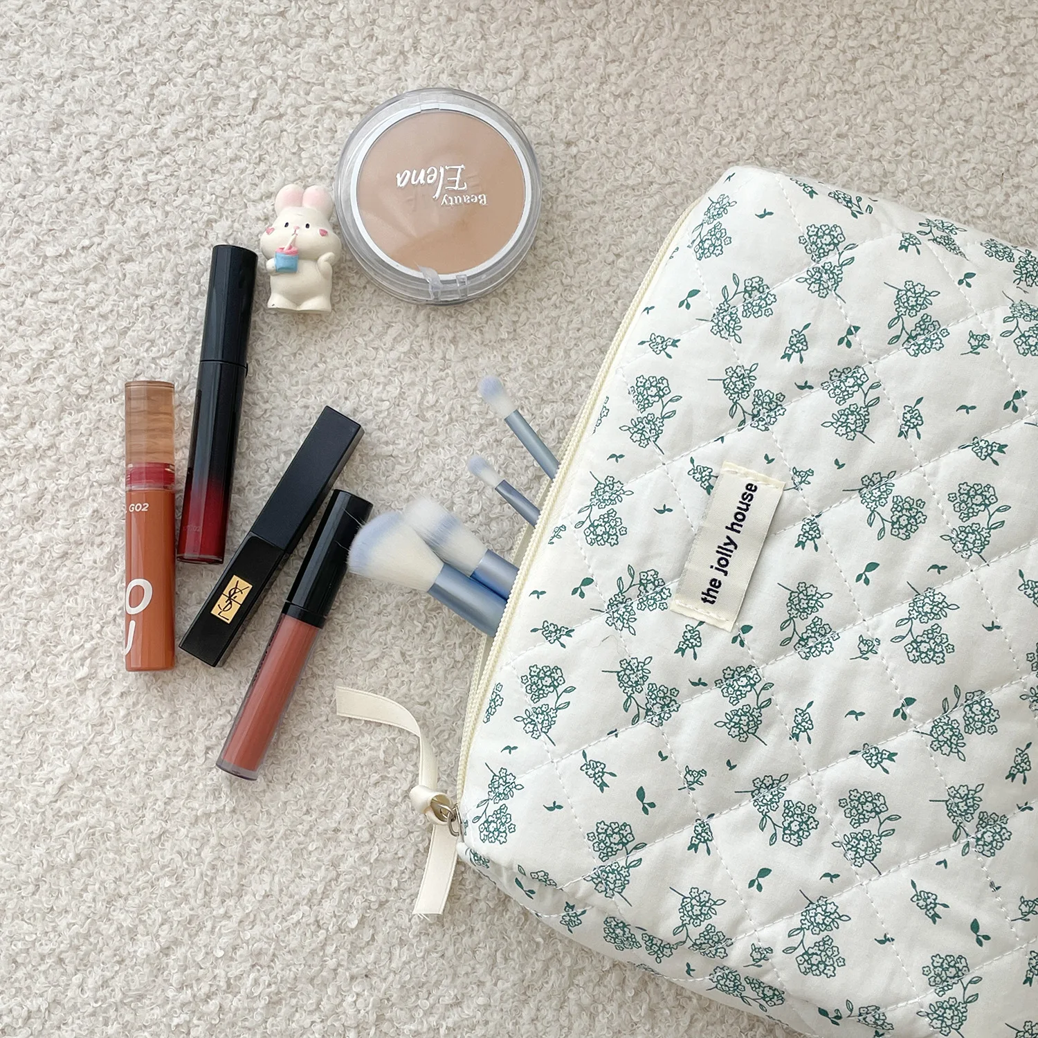 Portable quilted handbag storage bag for students, large-capacity toiletry bag, dark green star pattern makeup bag