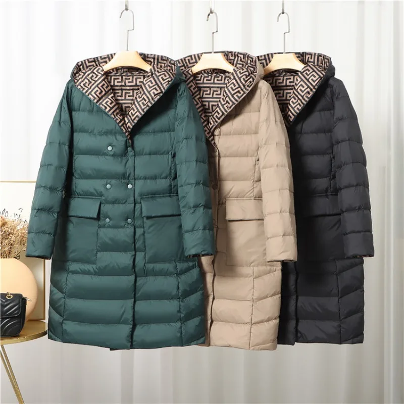 

Luxury Women's Autumn Winter New Warm Down Jacket Hooded Mid-Length Plus Size Lightweight Reversible Outerwear Winter Coat