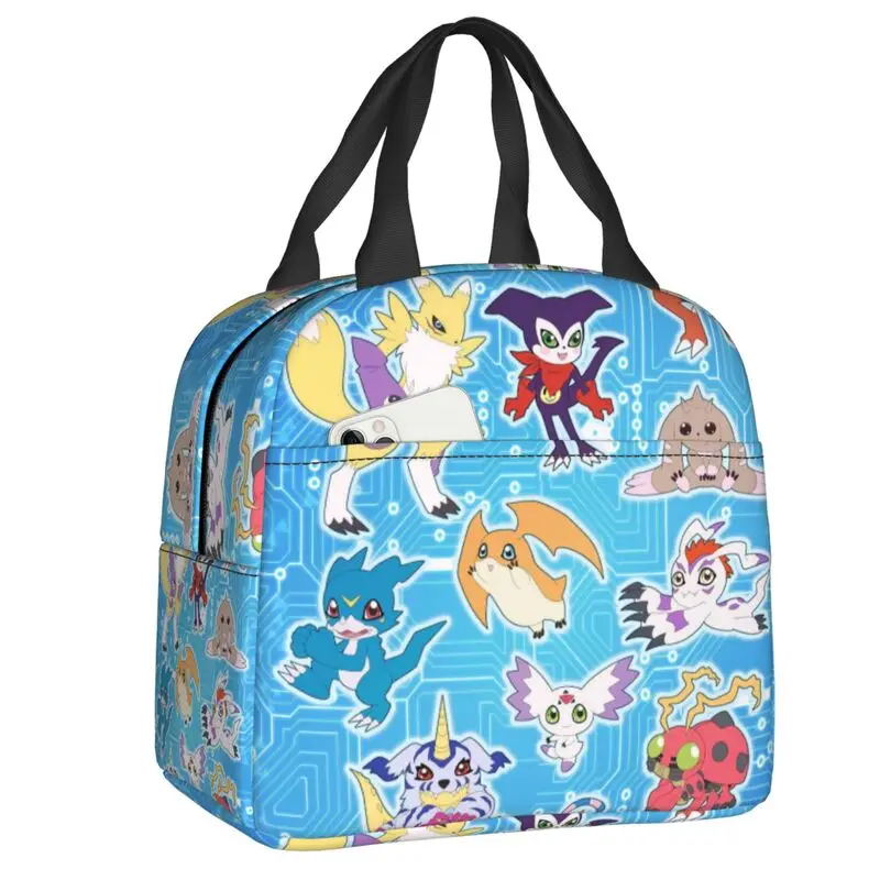 

Custom Digimones Adventure Anime Lunch Bag Men Women Cooler Warm Insulated Lunch Box for Kids School