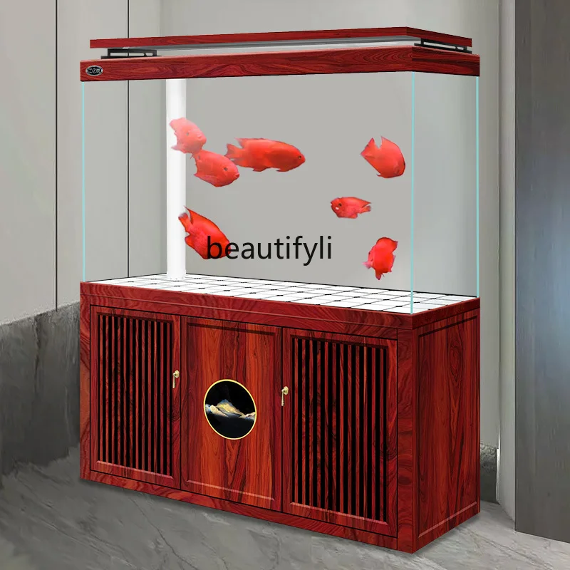 

New Chinese Style Home Living Room Fish Tank Ultra Clear Glass Office Floor Bottom Filter No Water Change Needed