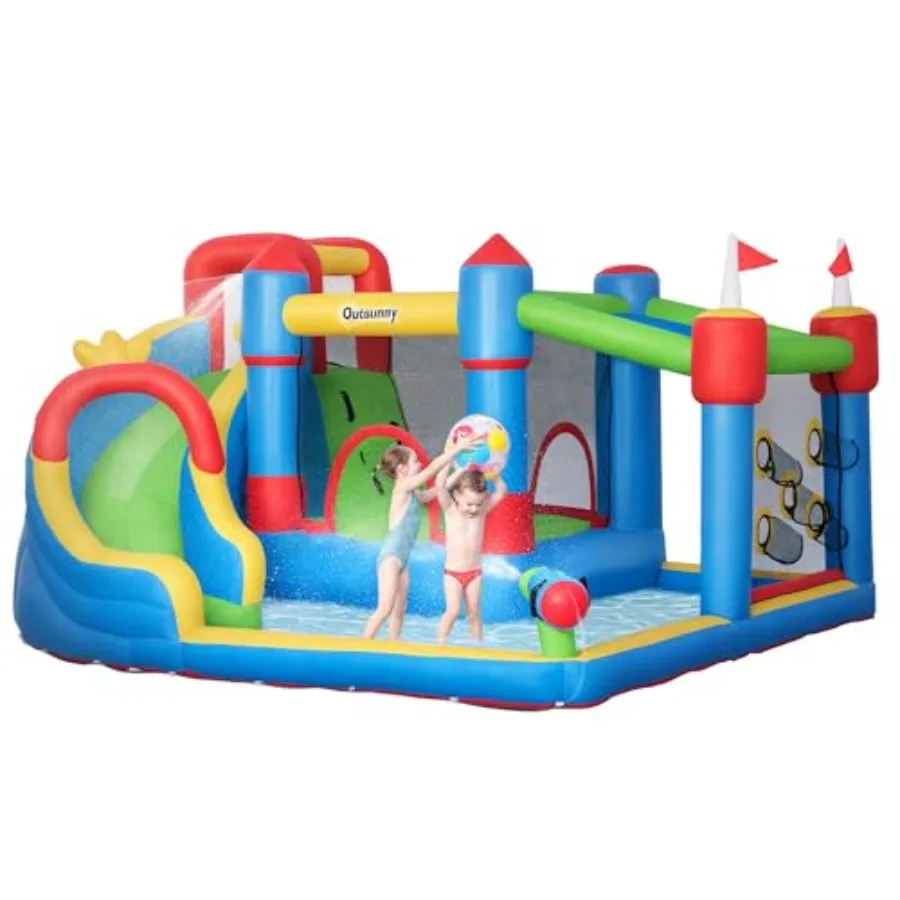 6-in-1 inflatable water slide for backyard use, PVC material, blue and yellow, quick 2-minute inflation with integrated splash