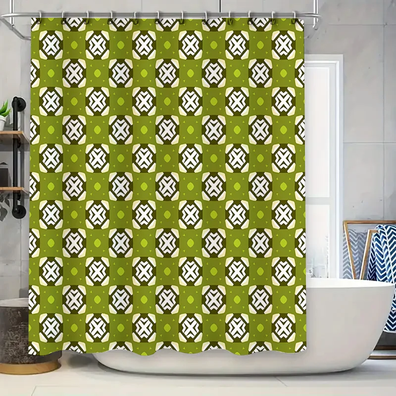

Green White Geometric Shower Curtain for Bathroom Decor Modern Print, Polyester Fabric Size 72x72 inches or 180cm x 180 cm (Larg