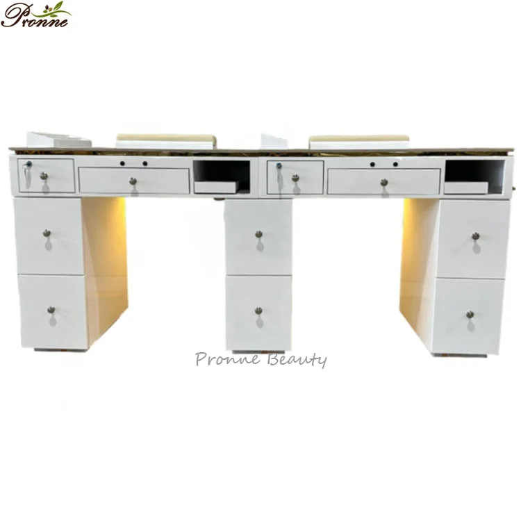 Premium Quality Manicure Table with Vacuum, Foldable White & Gold Rolling Nail Station, 110x40x70cm Tempered Glass Nail Desk