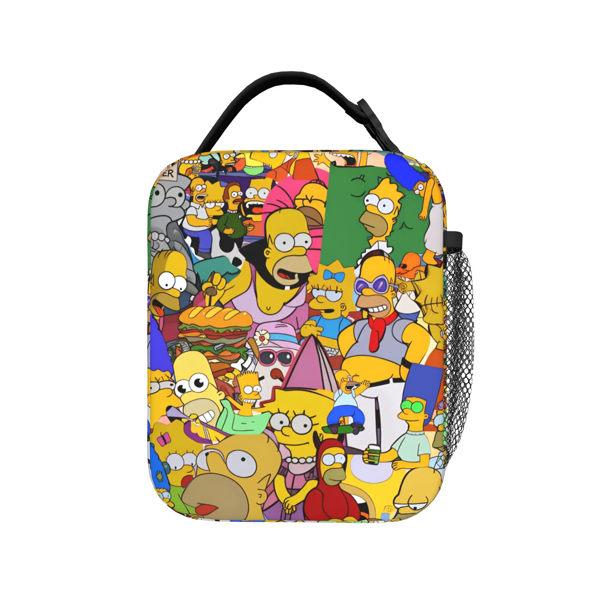 Fun S-Simpsons Cartoon Characters Group Lunch Bag Portable Lunch Box School Graphic Design Cooler Bag Casual Oxford Lunch Bags