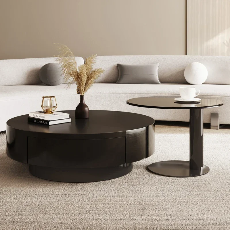 Black round coffee table rock slab light luxury high-end living room combination stainless steel 2024 new model