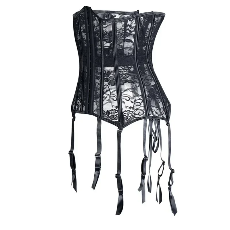 Women Black Bustiers &Corsets Cincher Sexy With Garter Belt Lace Mesh Breathable Underbust Corset Waist Trainer Slim Bustiers