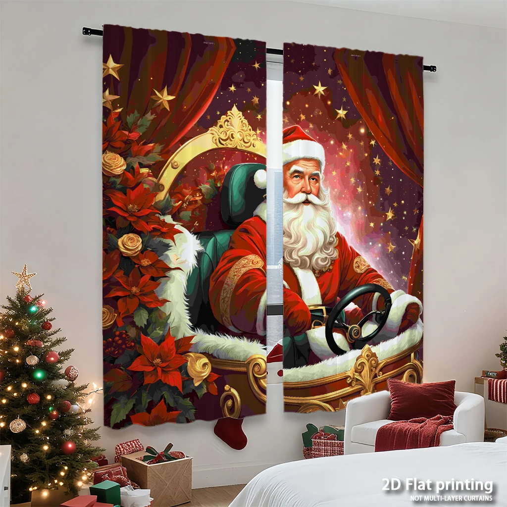 طقم مكون من قطعتين من ستائر مطبوعة رقمية عالية الوضوح لعيد الميلاد سانتا كلوز من الذهب الأحمر على شكل زهور احتفالية لتزيين المنزل