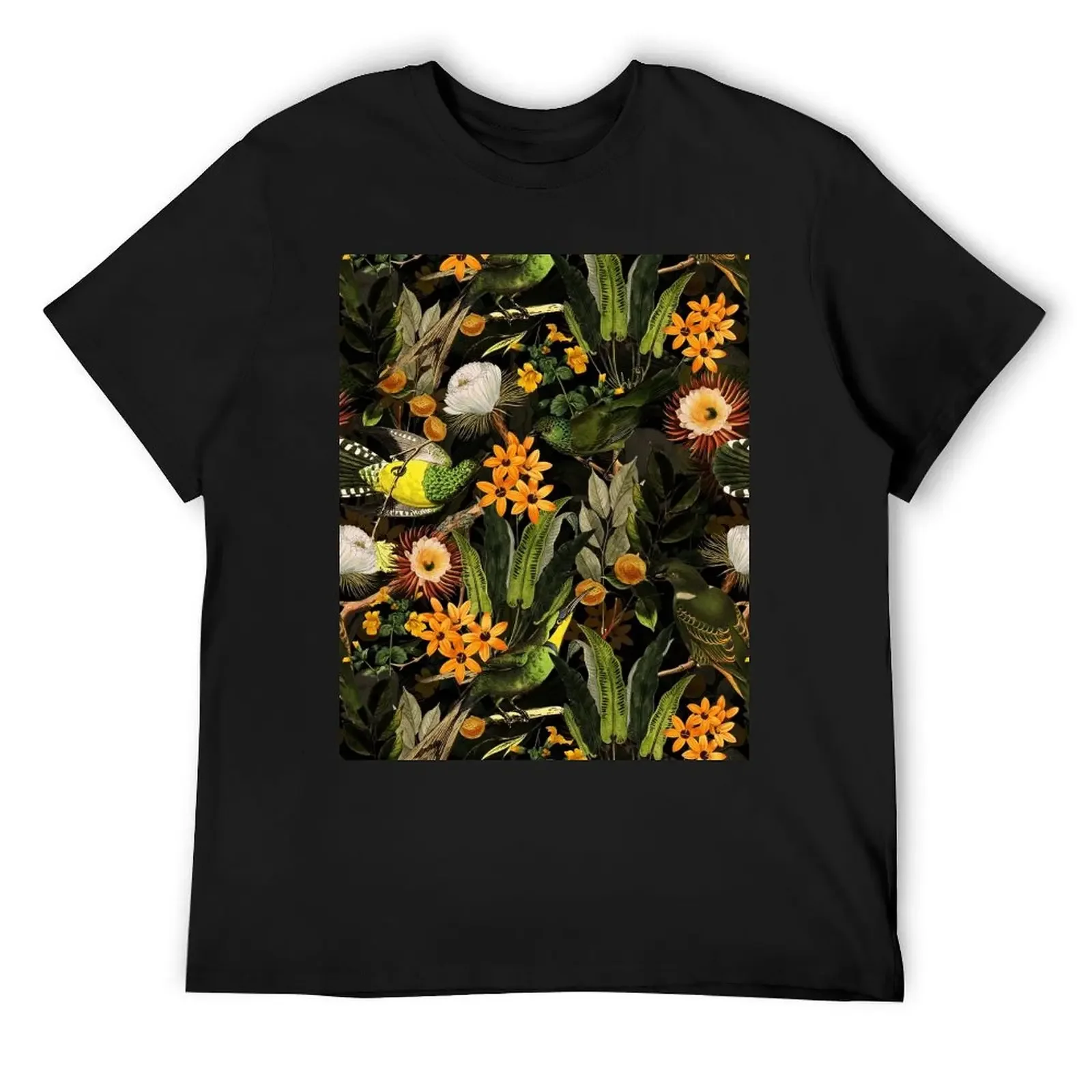 Birds In Tropical Flower Garden - black T-Shirt oversized graphic tee graphic shirts mens workout shirts