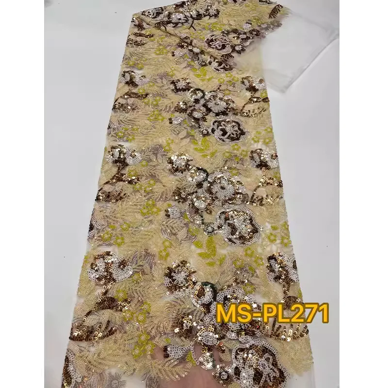 

1 ярд ткани в ретро-стиле с вышивкой жемчужными листьями и пайетками, мягкая сетчатая ткань для шитья, кружевная ткань для платьев, материал для одежды.