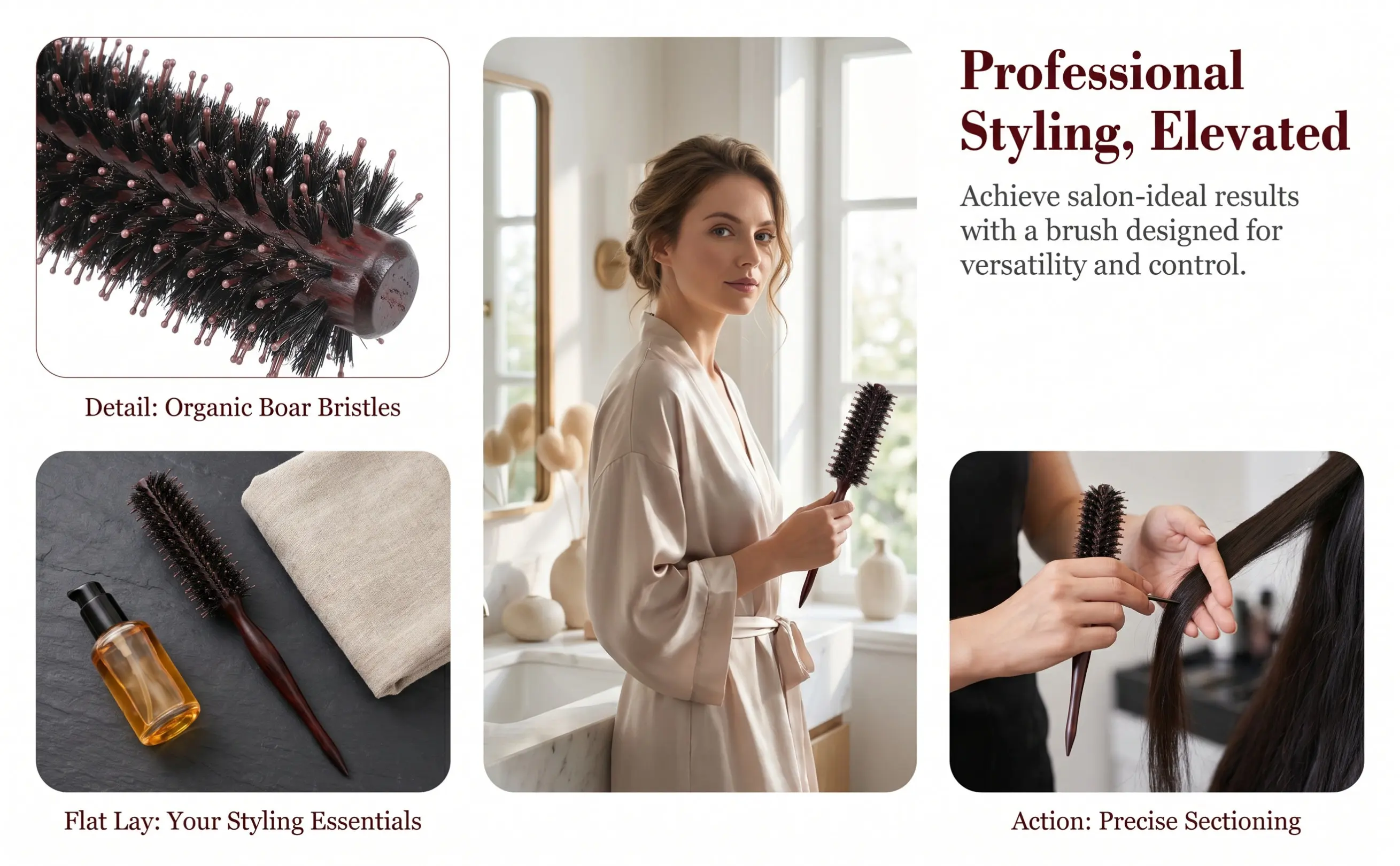 Pig Bristle Hair Brush Round Detangling Bristles Comb with Pointed Tail for Barber Shop Hairdressing Styling Comfortable