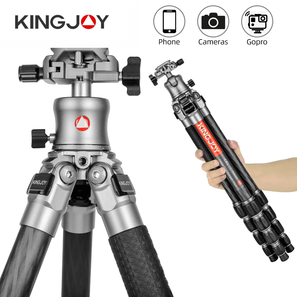 KINGJOY Professional Camera Tripod 10X Carbon Fiber Leg Tube Stand with Panoramic Ball Head for Outdoor Travel Photography Shoot