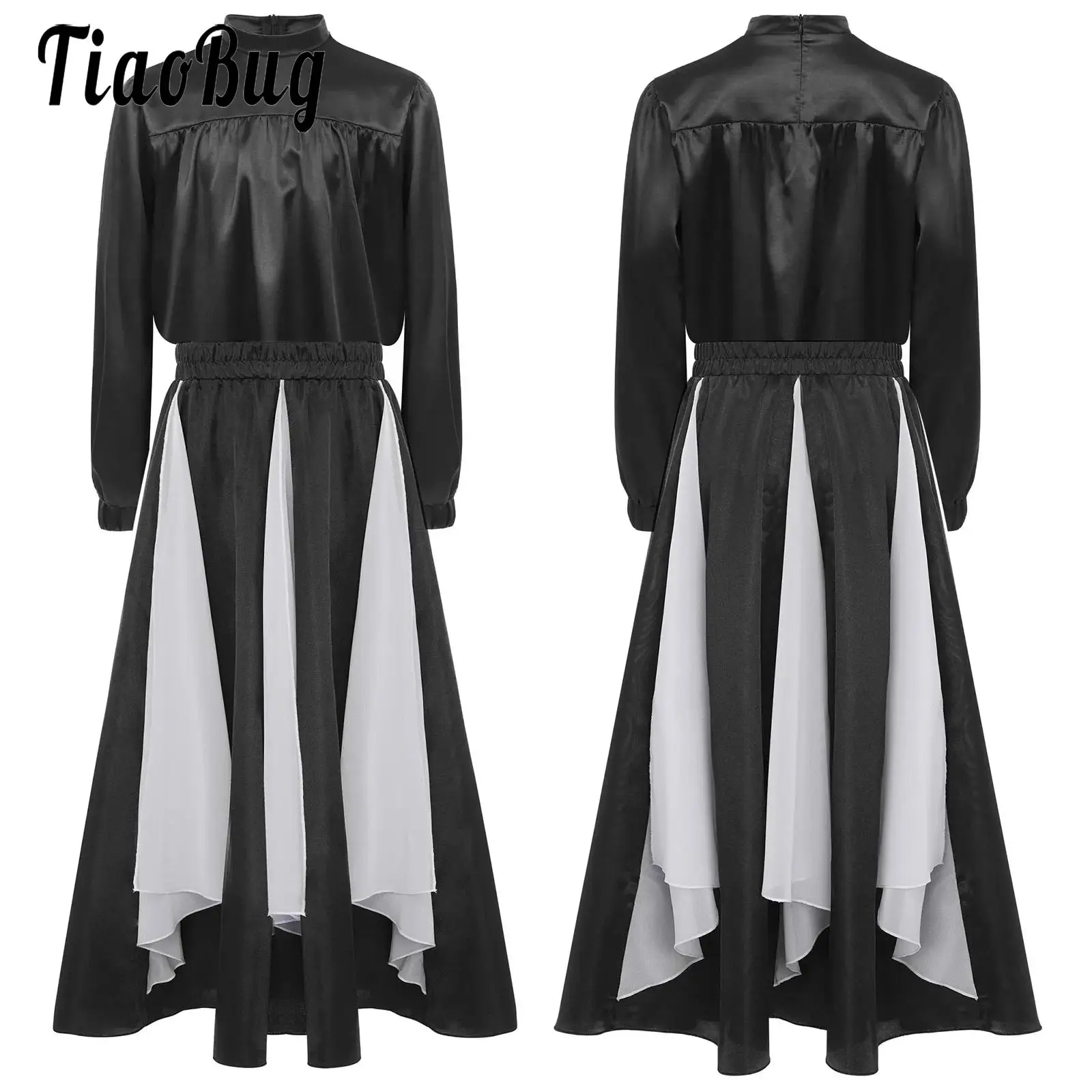 Kids Girls Lyrical Dance Dresses Praise Liturgical Dance Costume Outfit Long Sleeve Zipper Top with Chiffon Panel Satin Skirt