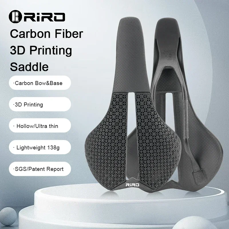 RIRO Carbon Fiber 3D Printing Bike Saddle Ultra-Light 138g Hollow Honeycomb Cushion Comfortable Seat for MTB/Road Bike Parts