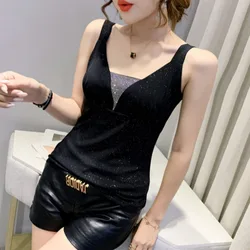 #5493 Summer Tops For Women With Diamonds Slim Sleeveless Sexy Club Women Crop Top Black Blue Red Leopard Crop Top Femme Tight