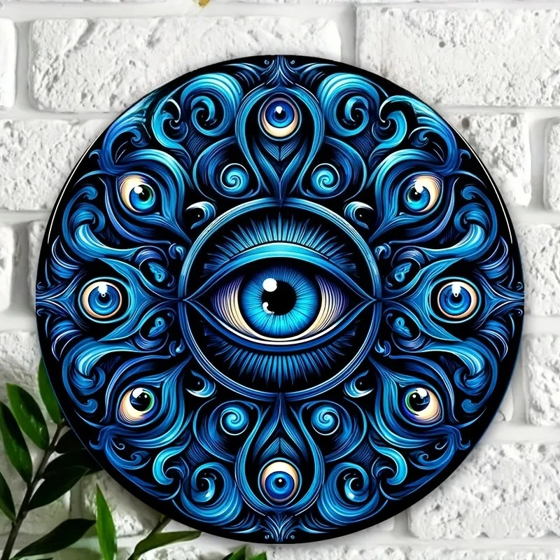 2d Vintage Metal Round Acrylic Sign Plaque-Mandala-Inspired Evil Eye Design,Porch,Home,Garage,Farmhouse,Bar,Cafe-Multipurpose