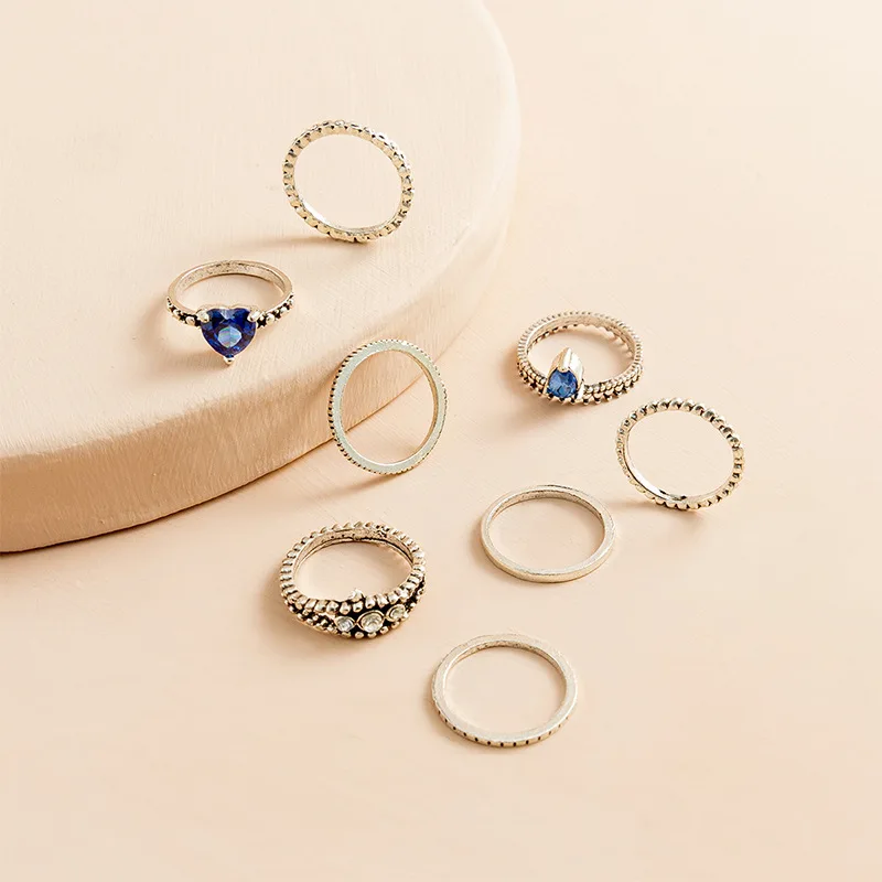 8-piece set of diamond card blue love ring set wholesale mix and match plain ring retro ring female niche