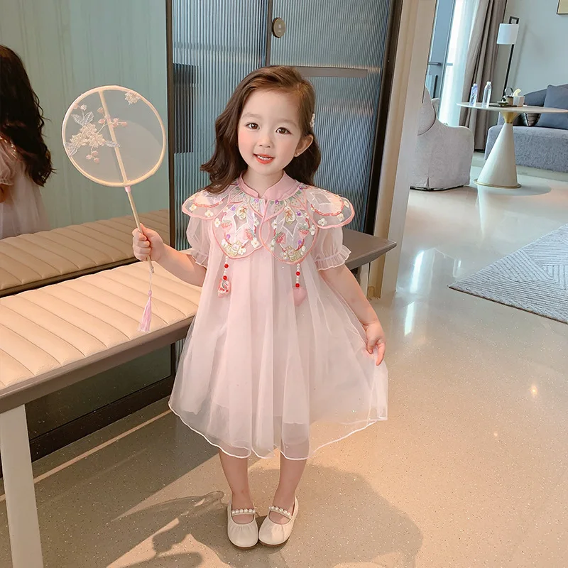 Girls' Dress2024New Summer Dress Ancient Style Fashionable Children's Clothing Baby Summer Princess Dress Children's Mesh Skirt