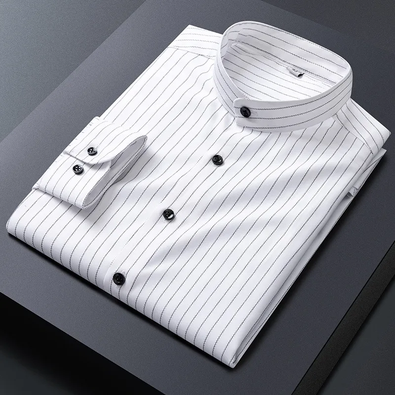 

Luxurious Men Stand Collar Shirts Long Sleeve Stripe Tops Round Neck Comfortable No Iron Premiun Business Man High Elastic Shirt