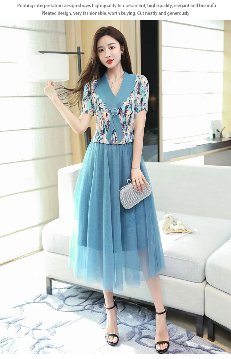 2024 New Three Mansion Pleated Dress Women's Elastic Lapel Summer Slim Fit Short Sleeve Printed Mesh Spliced Long Dress