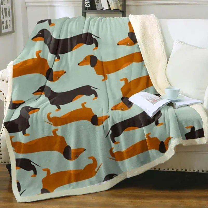 Contemporary Dachshund Pattern Knitted Fleece Sherpa Throw Blanket - Spot-Clean, Soft & Cozy Dual-Sided Decorative Throw