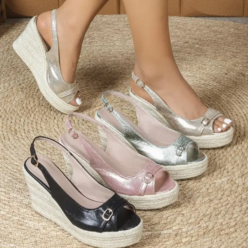Peep toe Summer Shoes Women High Heels Sandals Fashion Brand Ladies Wedge Sandals 10cm Pink Black Gold Big Size 42 DX509