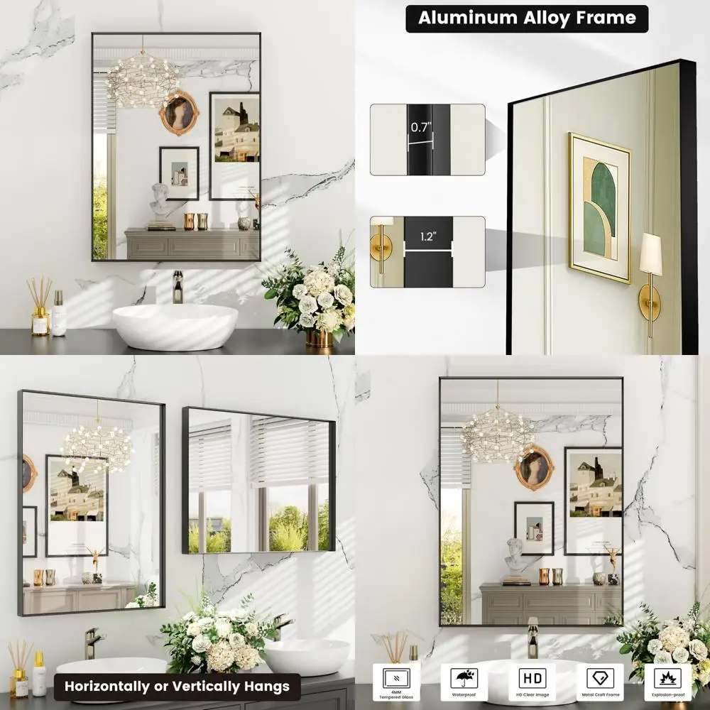 

Black Vanity Mirror 22x30 Inches Tempered Glass Square Corner Farmhouse Style Wall Mirror for Entryway and Bathroom