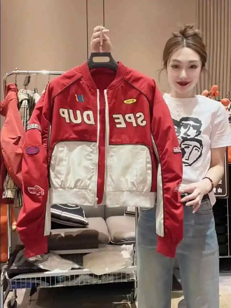 Women's Short Baseball Jacket Autumn New Style Patchwork Letter Embroidery Motorcycle Coat Casual Versatile Korean Version