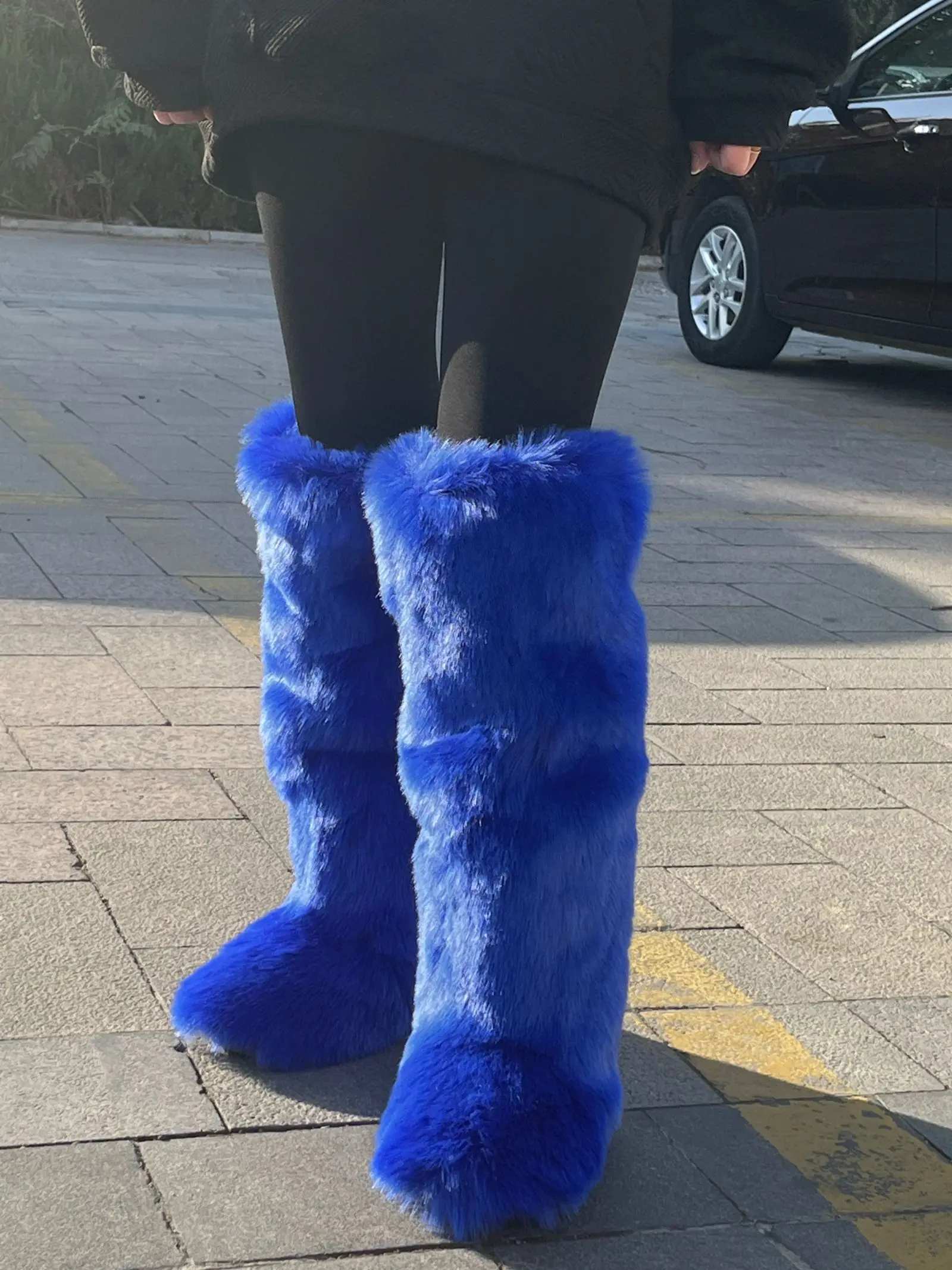 Women Winter Fluffy Faux Fur Mid-Calf Snow Boots Thick Flat Solid Rubber Soles Round Toe Over Knee High Boots Big Size 44 Warm