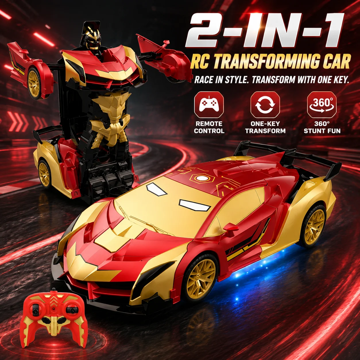 2.4GHz 2-in-1 RC Transforming Car Robot Toy Remote Control Deformation Sports Car with Rechargeable Battery for Kids Boys