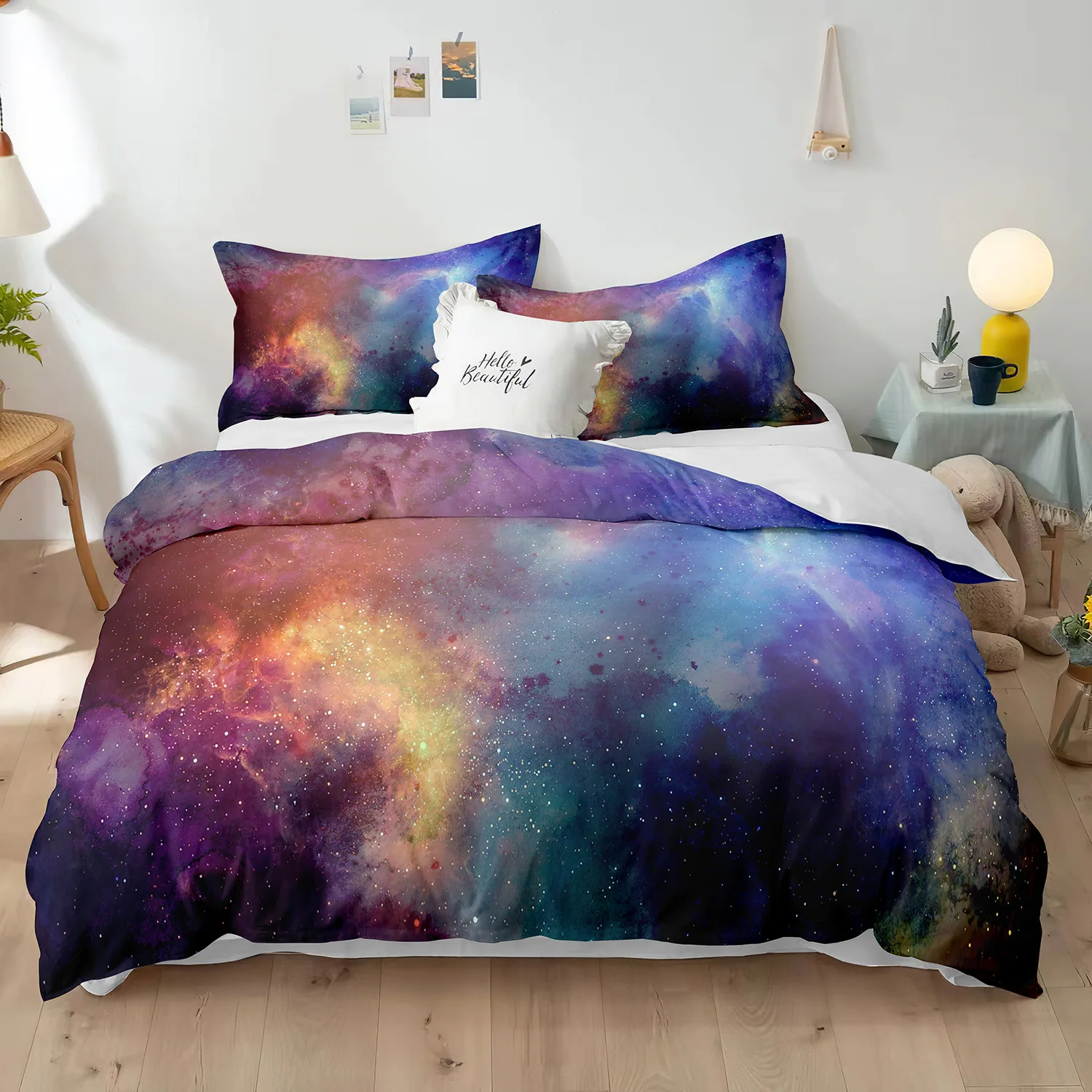 Starry Sky Polyester Duvet Cover Set King Size White Star Colourful Galaxy Starry Space Nebula Abstract Cosmos for Boy Girl Kids