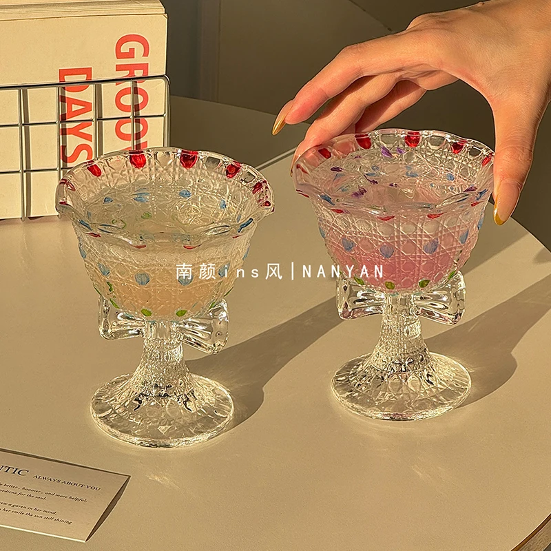 140ml Coloured Drawing Glass 2026 Household Vintage Beverage Stemmed Cup High Aesthetic Bow Champagne Fruit Wine Glasses
