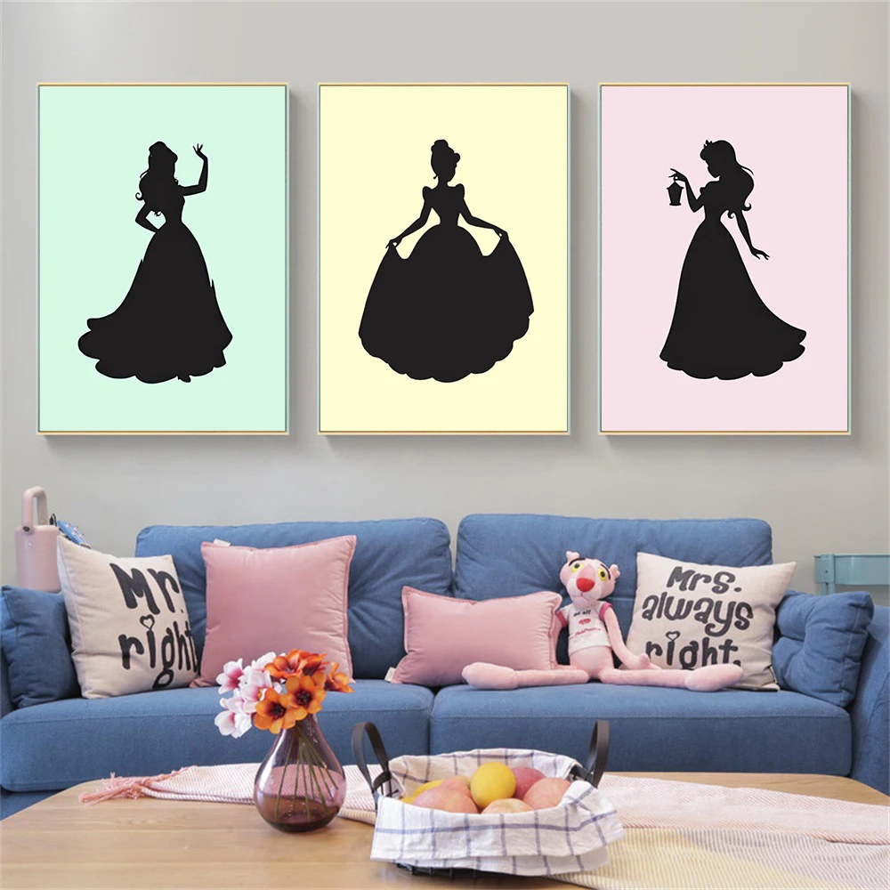 

Potdemiel Disney Princess Silhouette Set: Aurora, Cinderella, Belle, Snow White - Girl's Room Wall Art Decoration, Home Decor