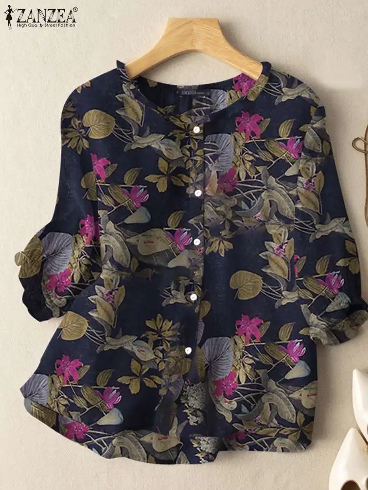 ZANZEA Fashion Sunnmer Top For Women Vintage Floral Printed Blouse Holiday Shirt 3/4 Sleeve Tunic Elegant Work OL Blusas Chemise