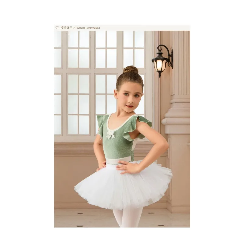 ชุดเต้นบัลเลต์สำหรับเด็กผู้หญิง ชุดบัลเลต์กำมะหยี่สีเขียวแบบเปิดหลัง ชุดแสดงบนเวที