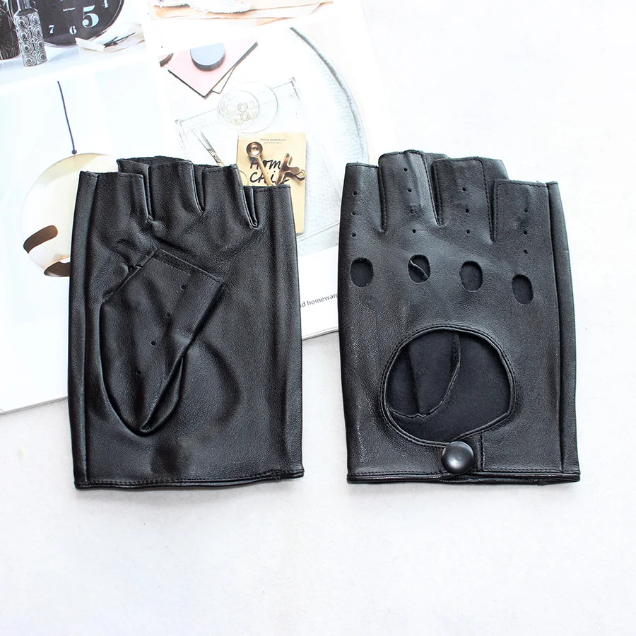 Gants de conduite en cuir demi-doigt pour hommes, évider, monocouche, non doublés, courts, moto, sans doigts, mode